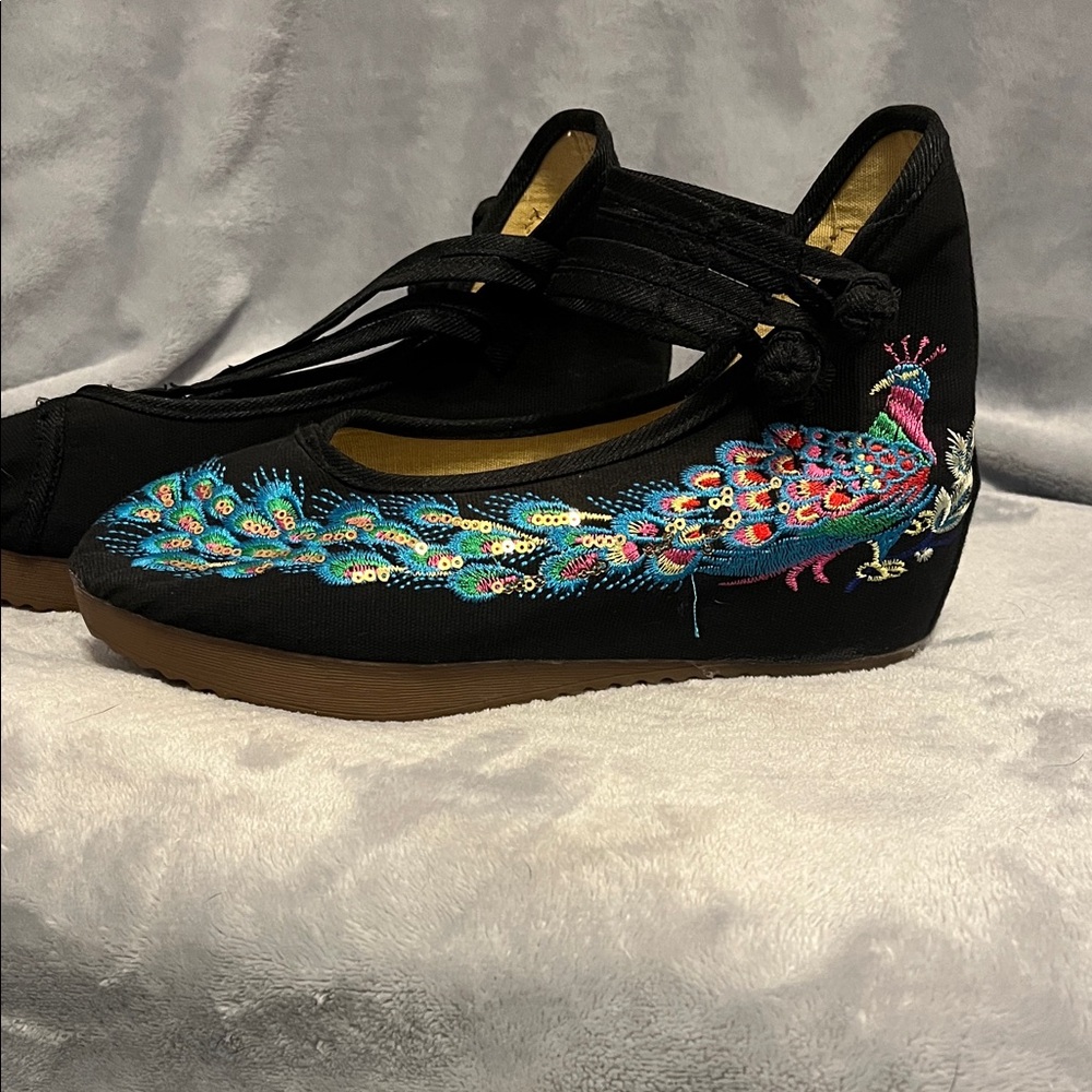 Custom Peacock strappy wedge